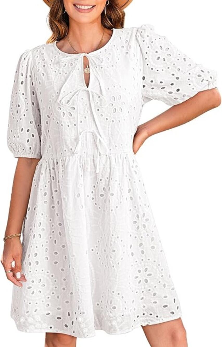 Dokotoo Women's White Eyelet Lace Summer Mini Dress Puff Sleeve Tie Front Size L